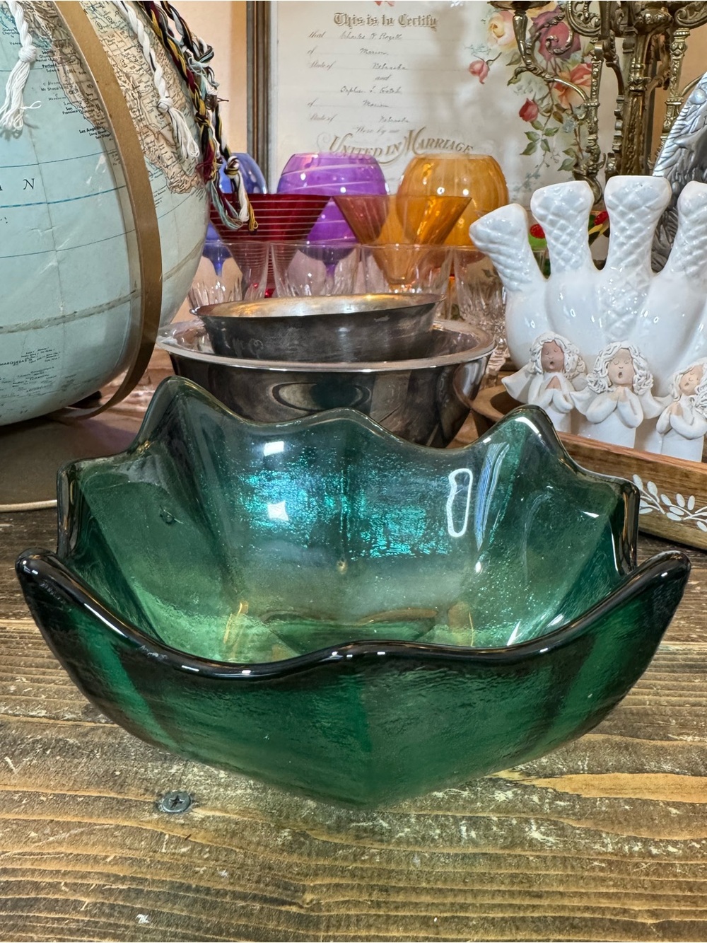 Vintage Blenko Lotus Bowl—Green Glass